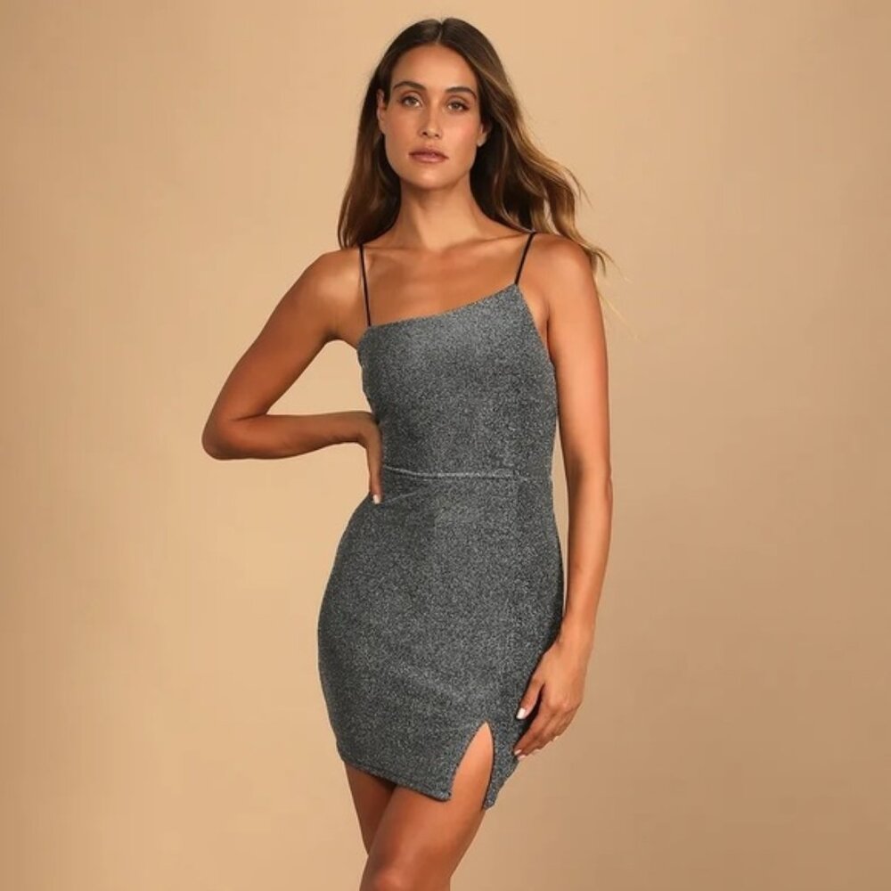 NWT Lulus Take Me Anywhere Silver Sparkly Asymmetrical Bodycon Mini Dress